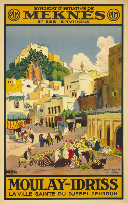 Arabic city scene, buildings, market, mosque, animals; orange, red, blue, green