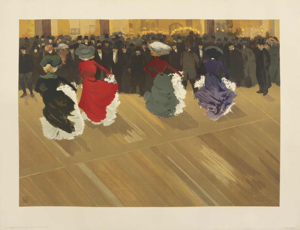 Four couples dance in formation on wooden floor; brown, red, gray, purple