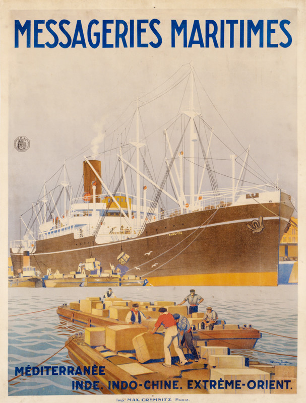 Freighter Yang-Tse unloads cargo in port; blue, yellow, brown