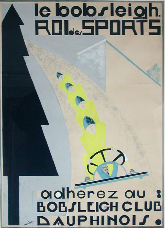 bobsled steers down course; yellow, silver, black