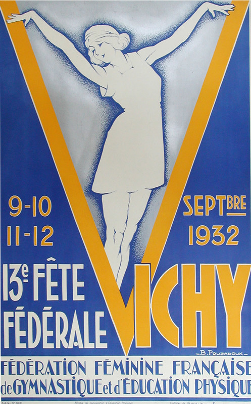 Young woman strikes a pose in the middle of the "V" in "Vichy"; yellow, blue, white