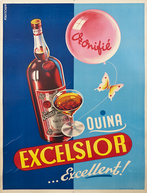 Bottle of Excelsior with Butterfly and balloon; blue, aqua, red, yellow, pink