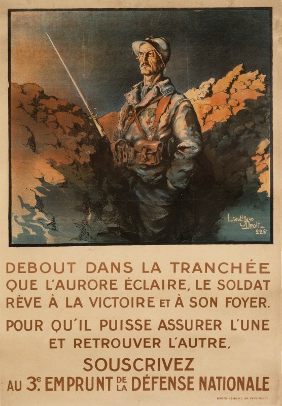 Soldier with bayonet amongst clouds; blue, orange