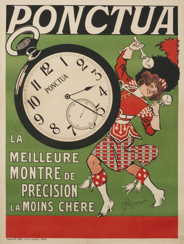 Drummer girl in kilt with large pocket watch around her neck; red, green