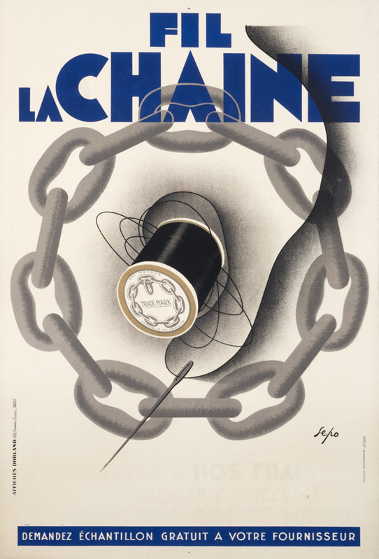 Thread, needle and chain; gray, blue