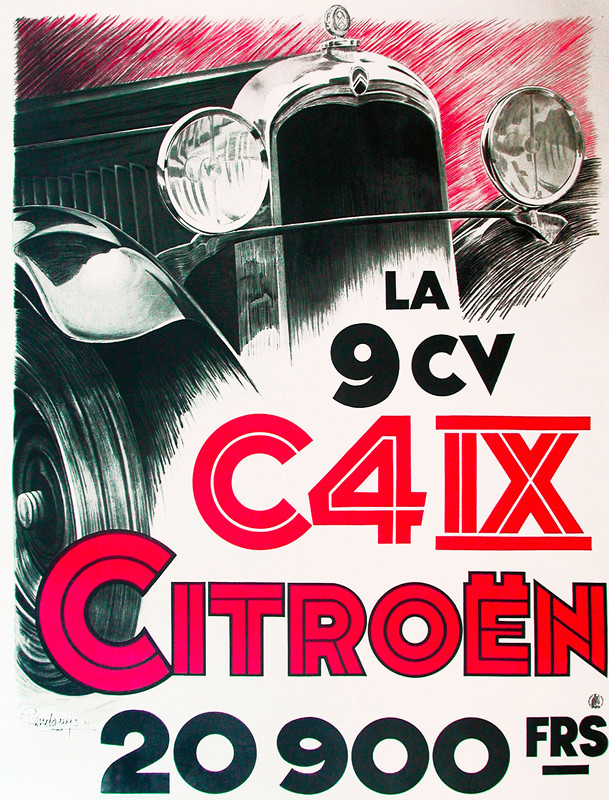 Head lamps and front grill of car with bold text; red, black, gray