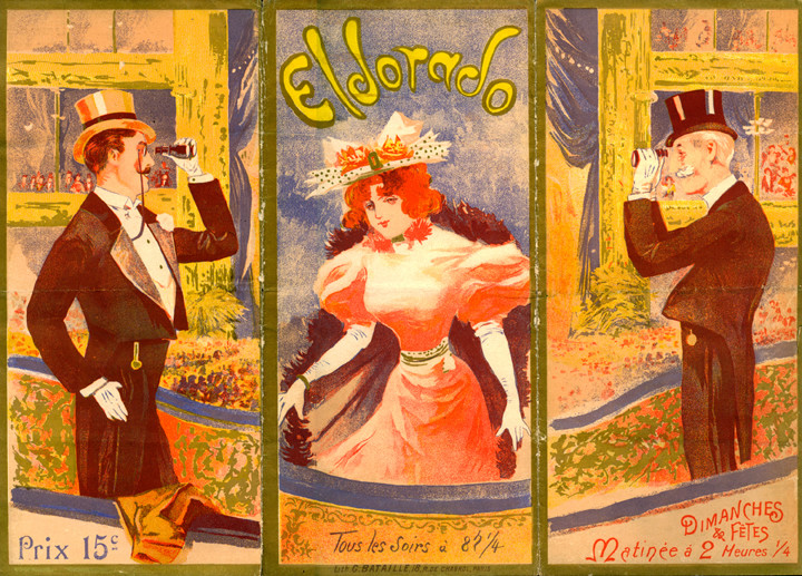 Trifold, woman flanked by two men with opera glasses; pink, blue, brown, gold, yellow