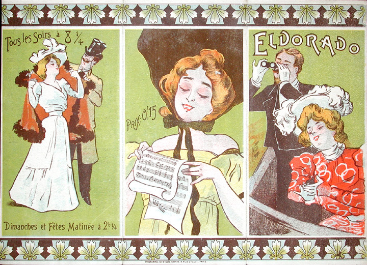 Trifold, woman reading music flanked by couples in evening dress; green, yellow, orange, brown