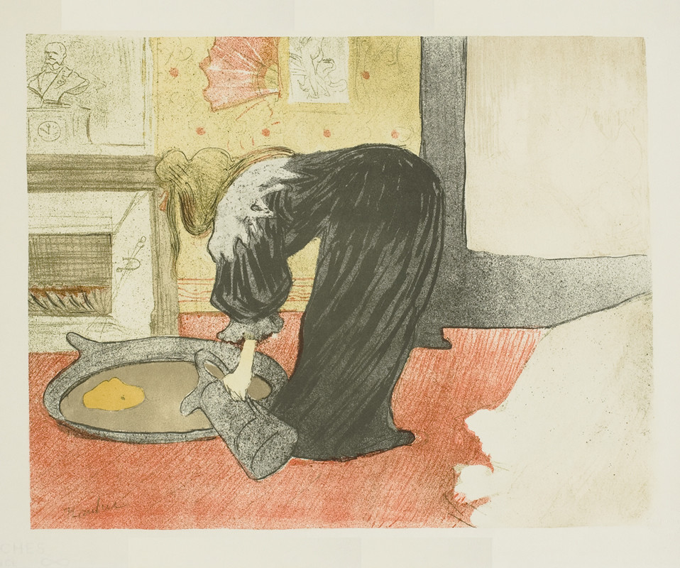 Woman pours water from pitcher into shallow bowl; red, yellow, black