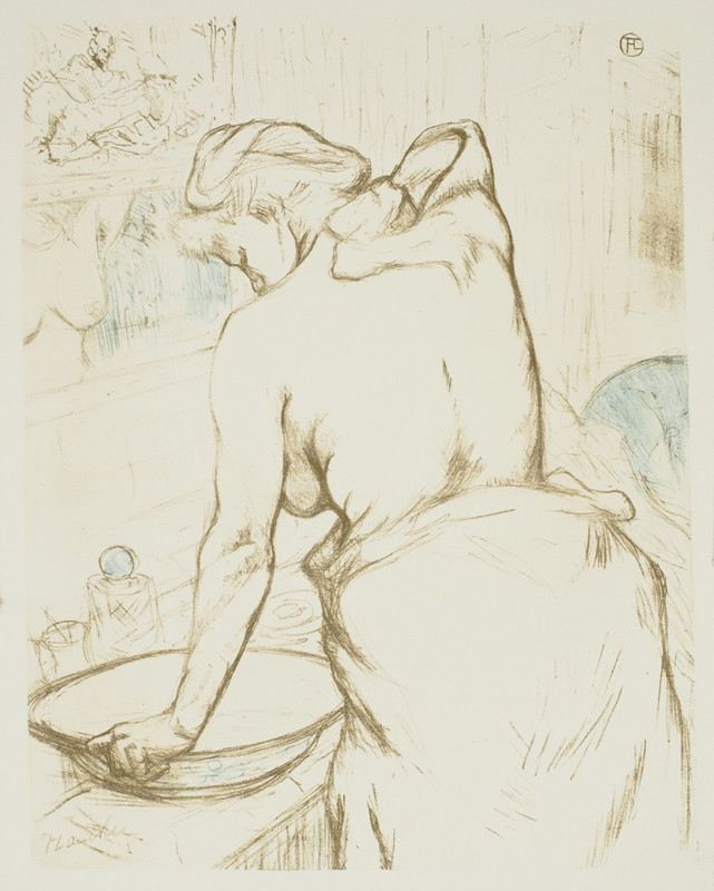 Woman scrubs her back; tan, white, blue