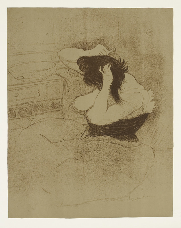 Woman combs her hair ; tan, black