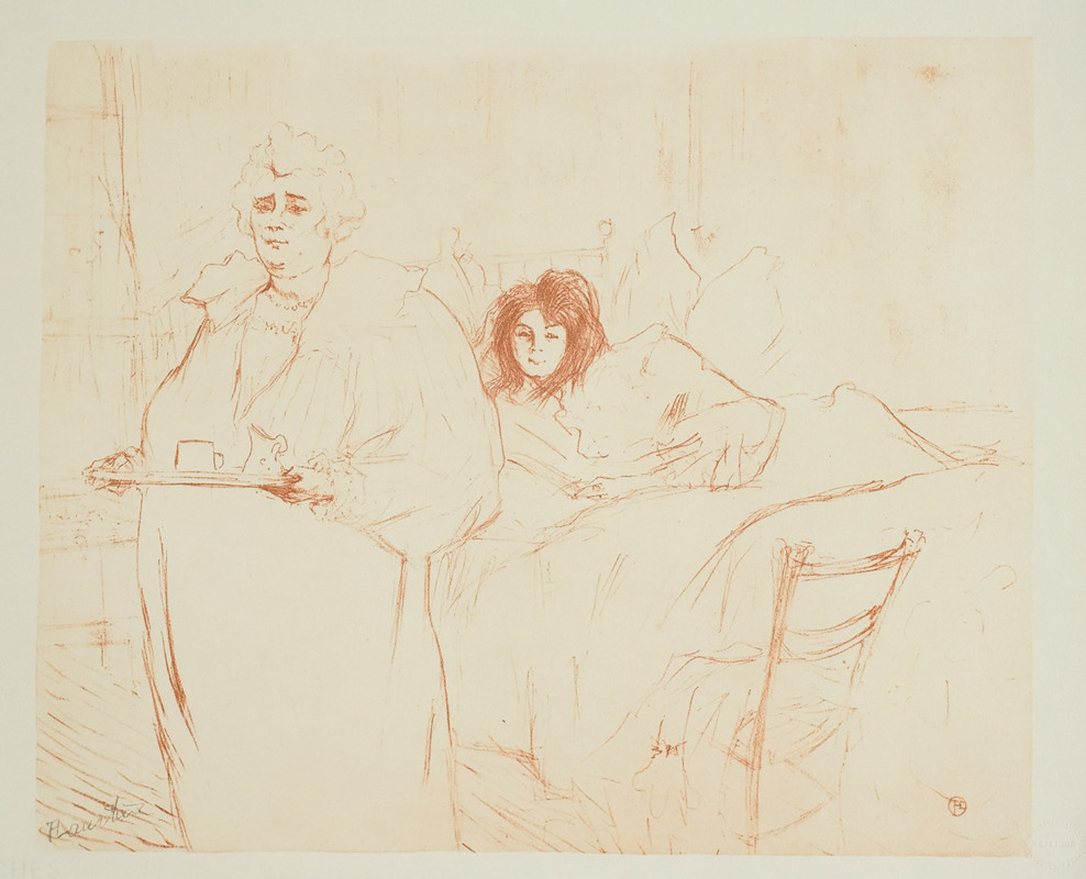 Woman clears breakfast tray from courtesan in bed ;ochre, white