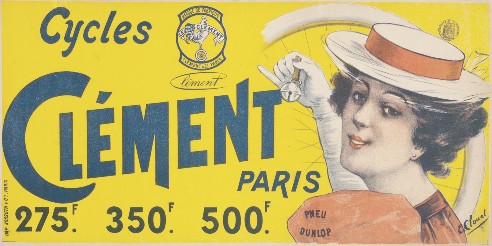 Woman in hat with bell and wheel; red, yellow, blue