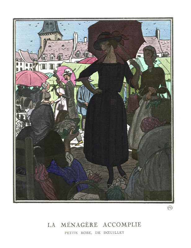 Woman under parasol at market; brown
