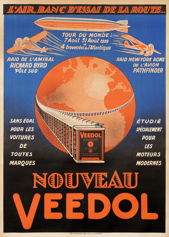 oil cans circle the globe with zeppelin and airplanes; orange, blue, black