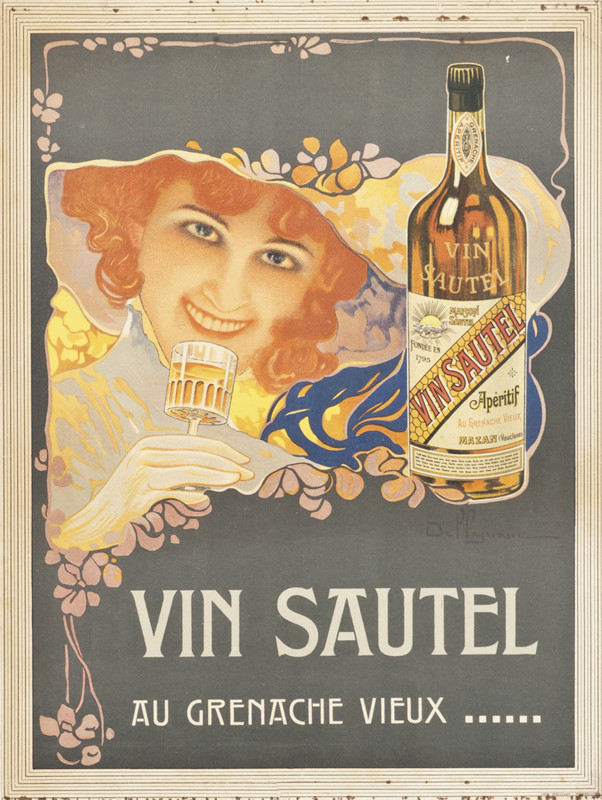 Smiling woman in hat with glass, bottle at right; orange, gray, purple