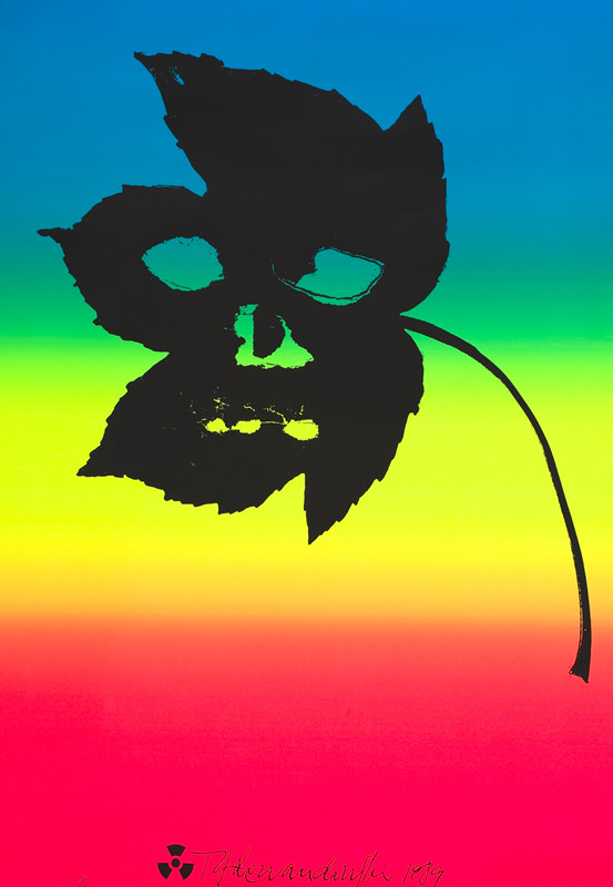 Maple leaf with death face on day-glow back ground; black, blue, yellow, orange