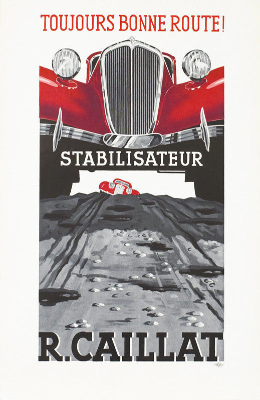 Grill and bumper of car driving on rocky road, car coming up hill behind; red, black, white