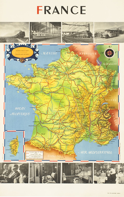 Map of France in with railway routes and highways indicated, photos of modes of transportation at borders; green, blue, red