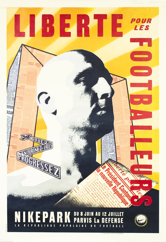 Arche de la Défense made of newspaper behind bust of bald man standing proudly; black, white, orange, red