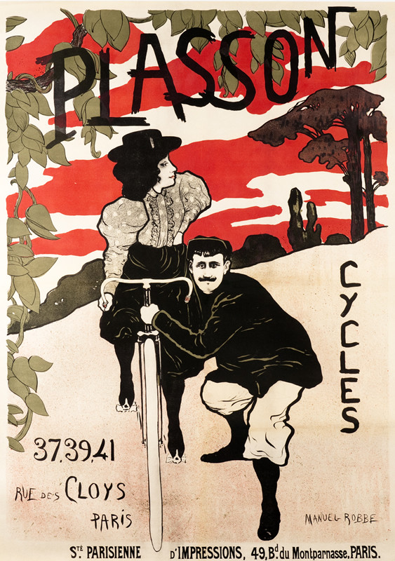 Man steadies bicycle as woman rides it; red, green, brown