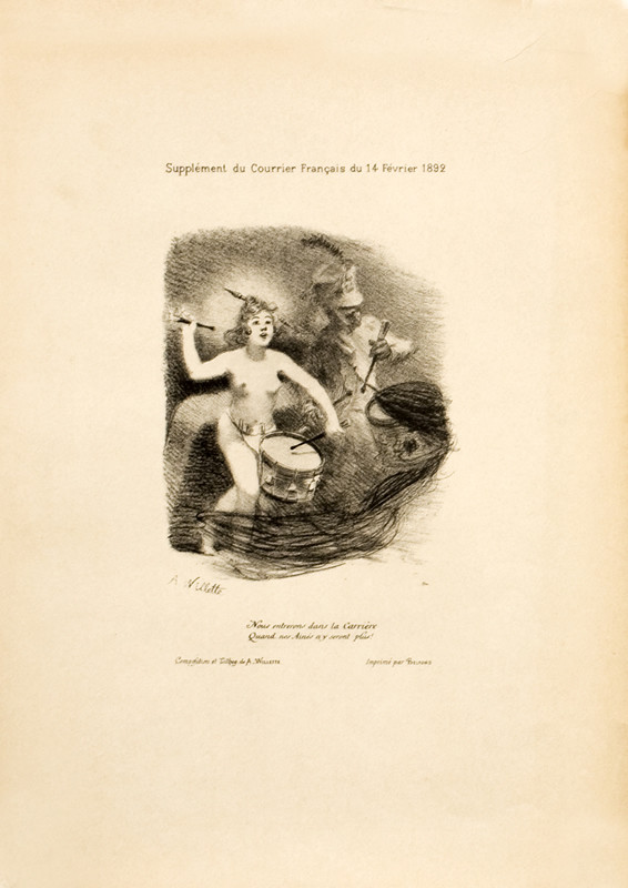 Nude female child marches and drums, drummer in military costume next to her; black, white