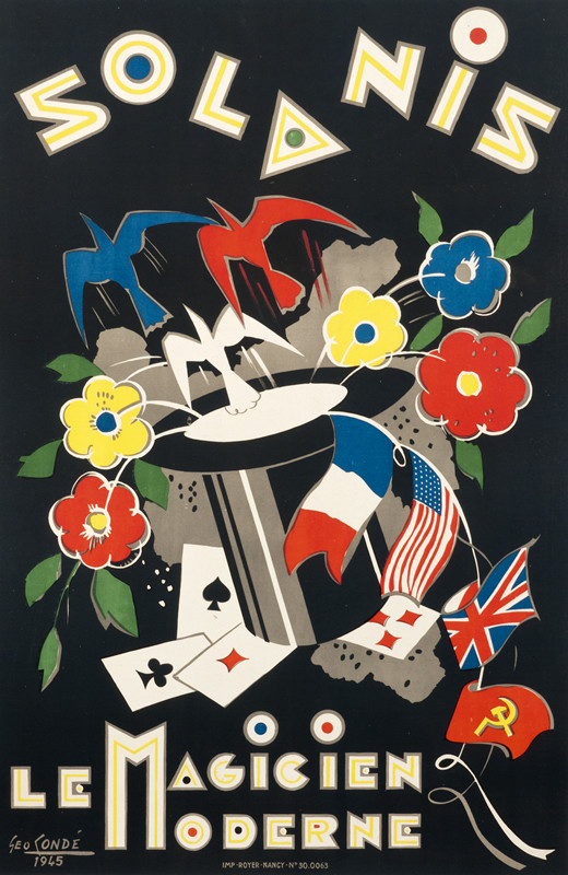 Flags, playing cards, birds fly out of top hat; black, red, yellow, blue