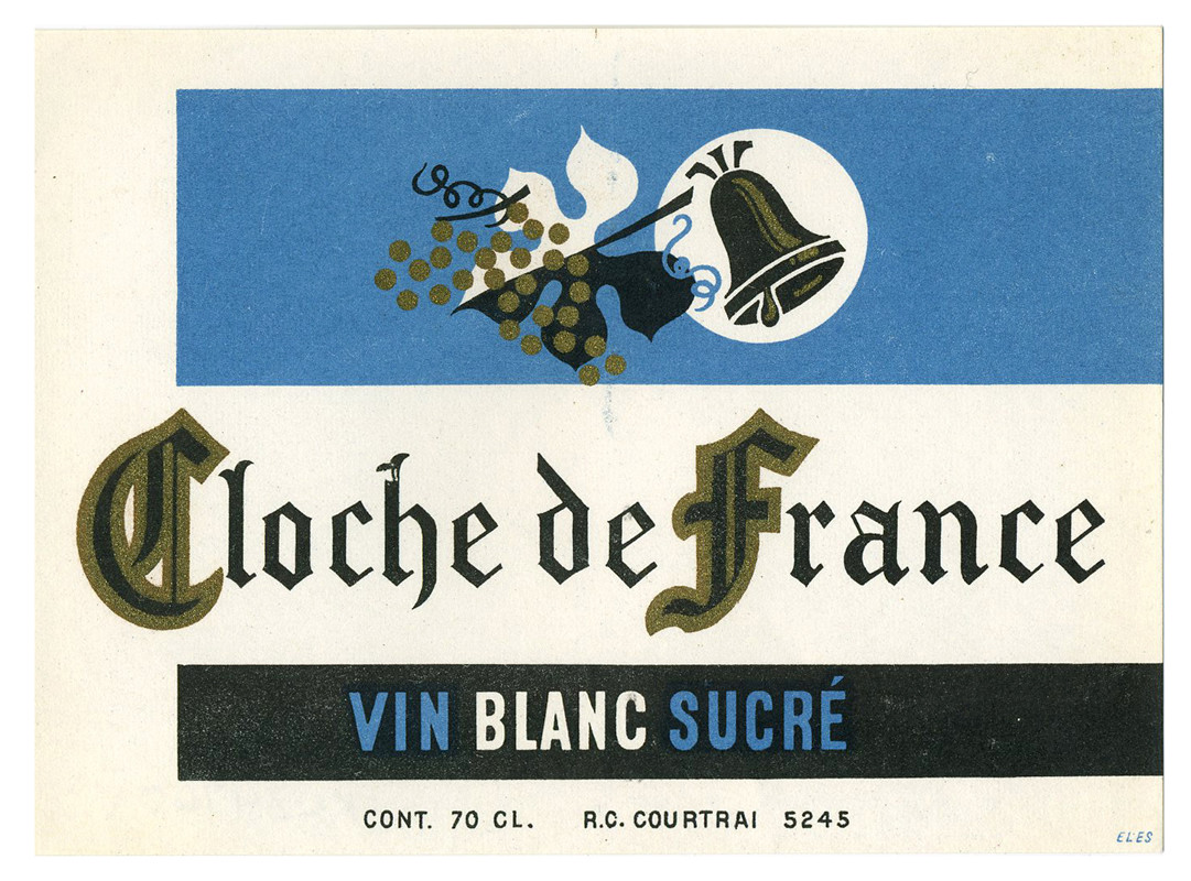 Bell with leaves and grapes; black, gold, blue