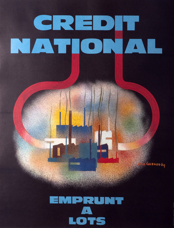 Abstract factories (steel mills) with smokestacks, red shape encircling them; black, red, blue