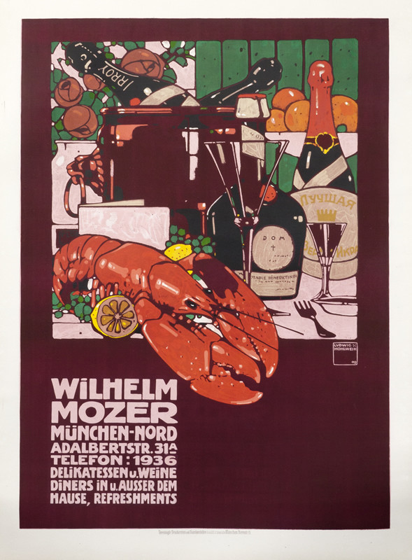 Lobster, champagne, oranges and table setting; burgundy, green, red, green