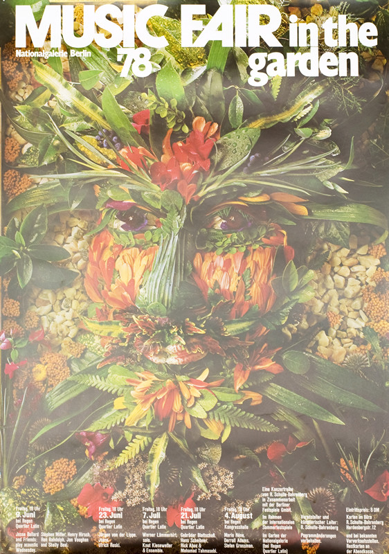 Arcimboldo style rendering of man's head made up of flowers and vegetation; green, red, brown, black