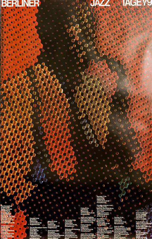Saxophone player in honeycomb pattern; red, black, blue, orange