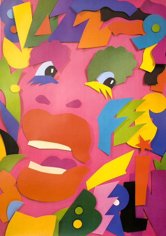 Man's head in psychedelic colors; pink, red, blue, green, yellow