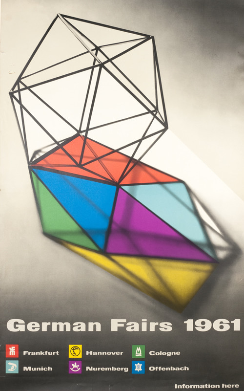Abstract sculpture with colored panels, names of German cities; gray, black, purple, blue