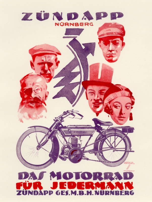 faces of young and old men and woman over bicycle; purple, pink, red