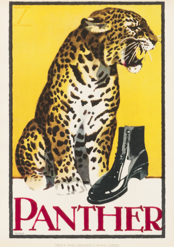 Seated leopard roars over shiny black boot; yellow,black, red, leopard