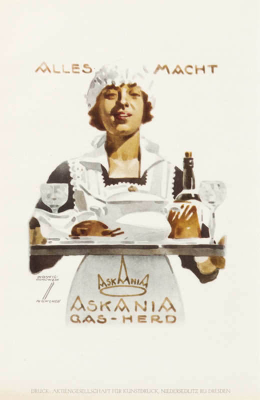 woman servant in apron with tray of food; black, white, brown