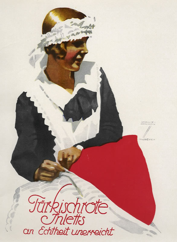 Woman servant in apron and bandana with cloth; red, black, white