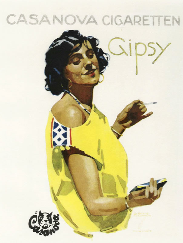 Gipsy woman in bright blouse holds box and cigarette; yellow, brown, blue, red, black