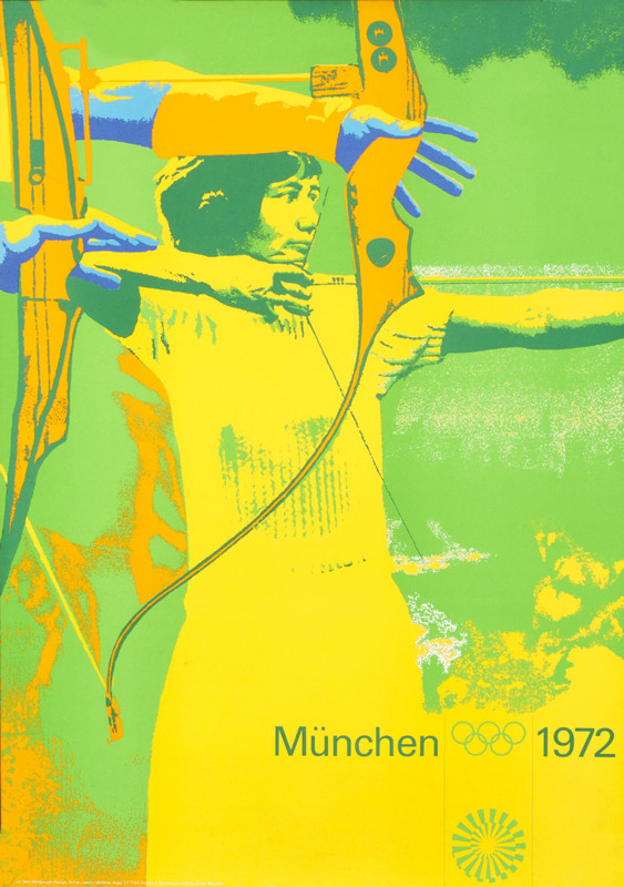 Archer draws bow; yellow, green, orange