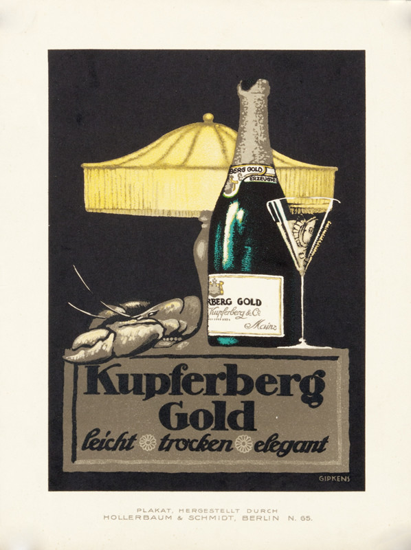 Champagne bottle and glass with lobster under lamp; gold, yellow, black