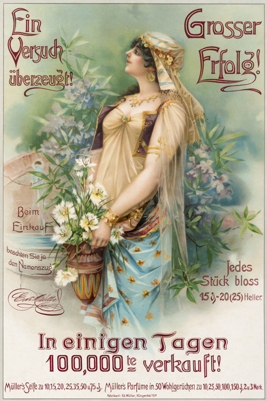 Woman in ancient Roman dress with case of flowers; green, blue