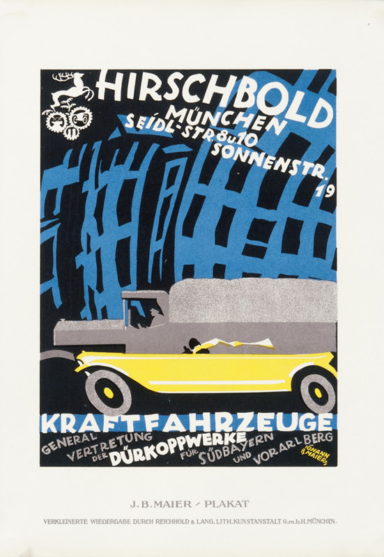 Convertible and truck pass on the street; blue, black, yellow, gray