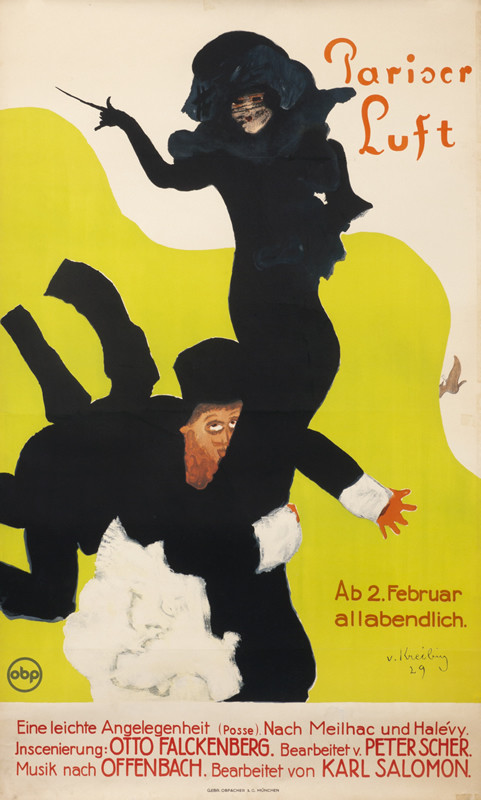 Man grasps at Parisian woman's legs; black, green