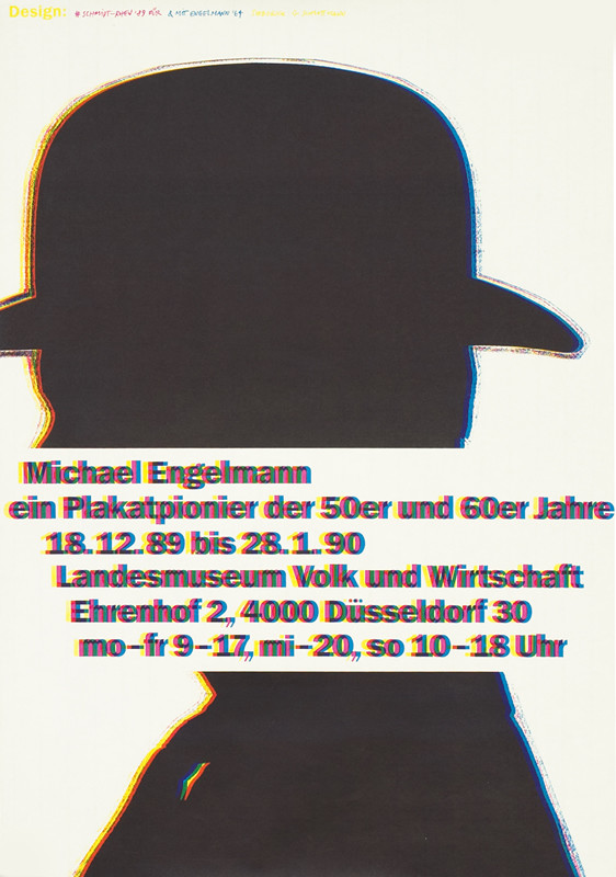 Profile of man in hat, intentionally off-registration; black, white