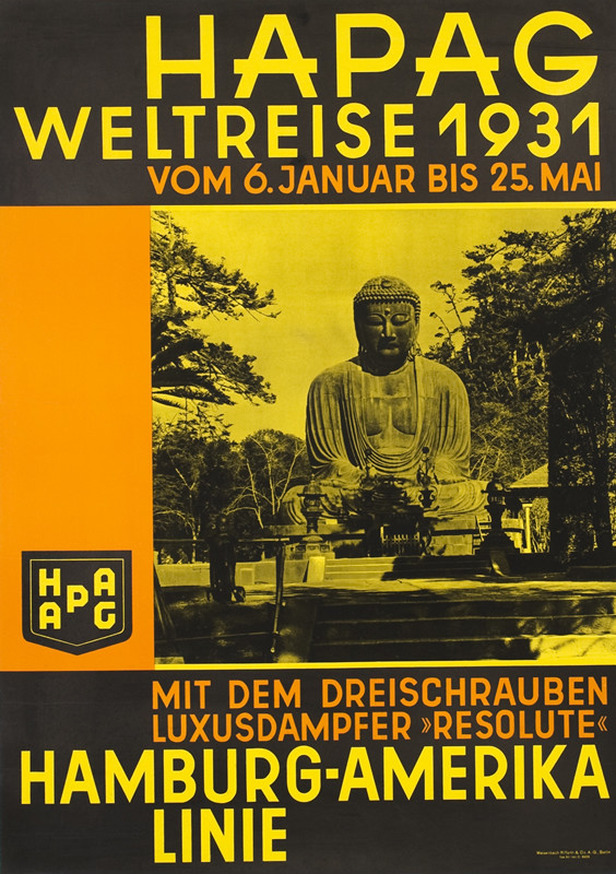 Photograph of Buddha statue, text; brown, yellow, orange