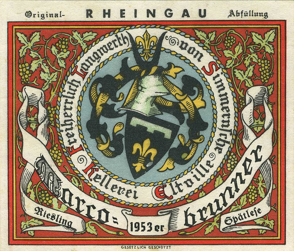 Coat of arms, vines and  grapes; red, green, black