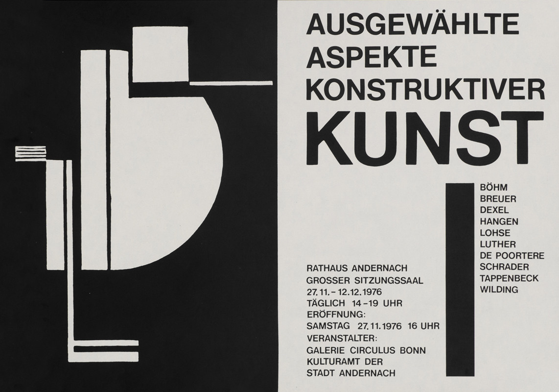 Group art exhibit poster at Galerie Circulus Bonn; black, white