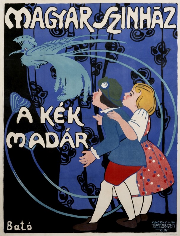 Two children look at a peacock; blue, purple, red, black