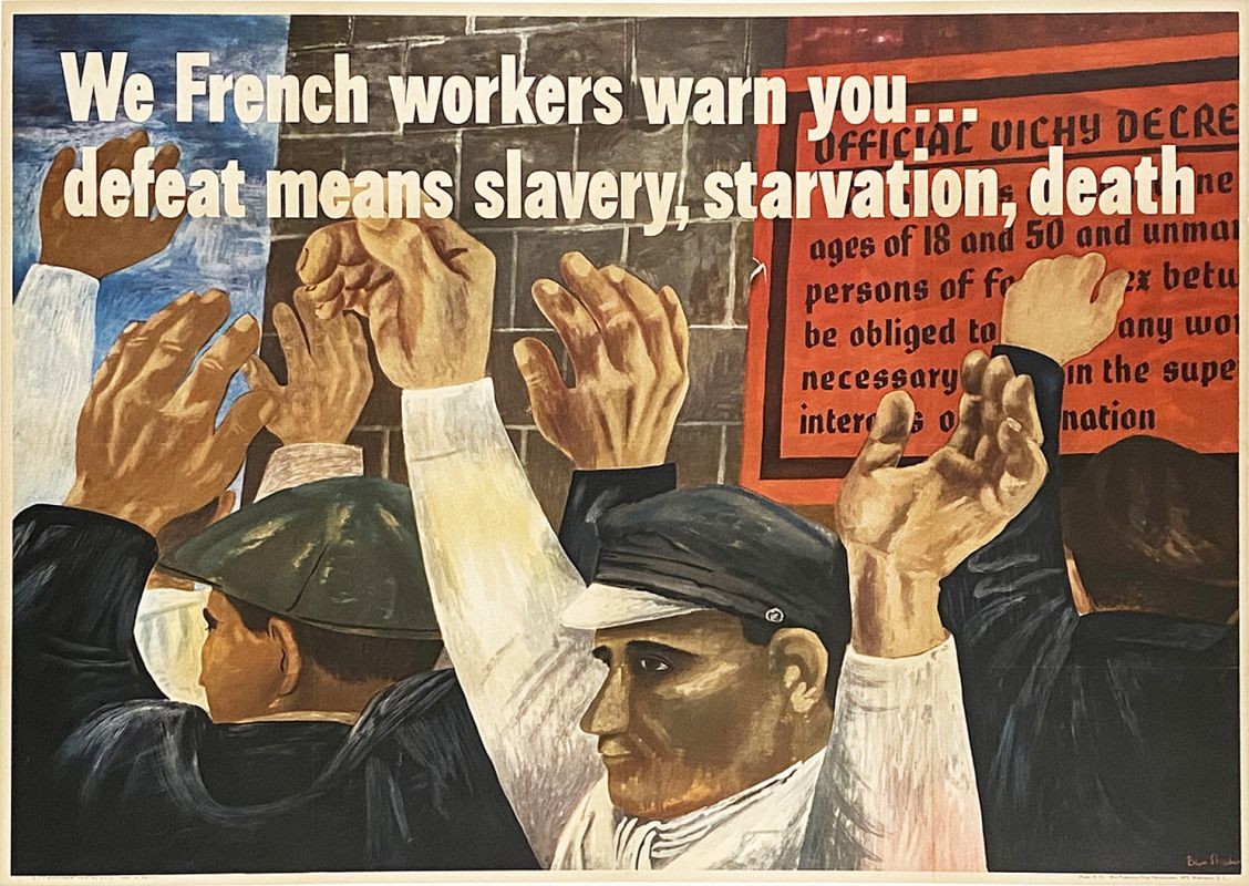 Workers with hands raised in defeat; red, blue, brown